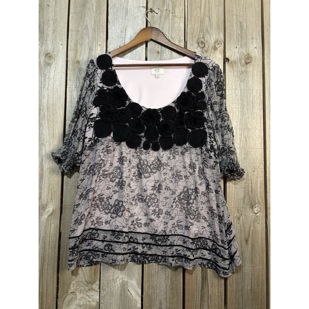 ECI Woman‎ New York 100% Silk Blouse Size 18 Black Lace Floral Rosette Top